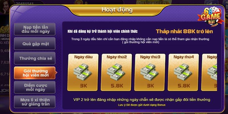 Chia sẻ mã Giftcode 68 Game Bài Tháng 5/2025 2 Gói thưởng hội viên thưởng mỗi ngày cực hời cho khách hàng
